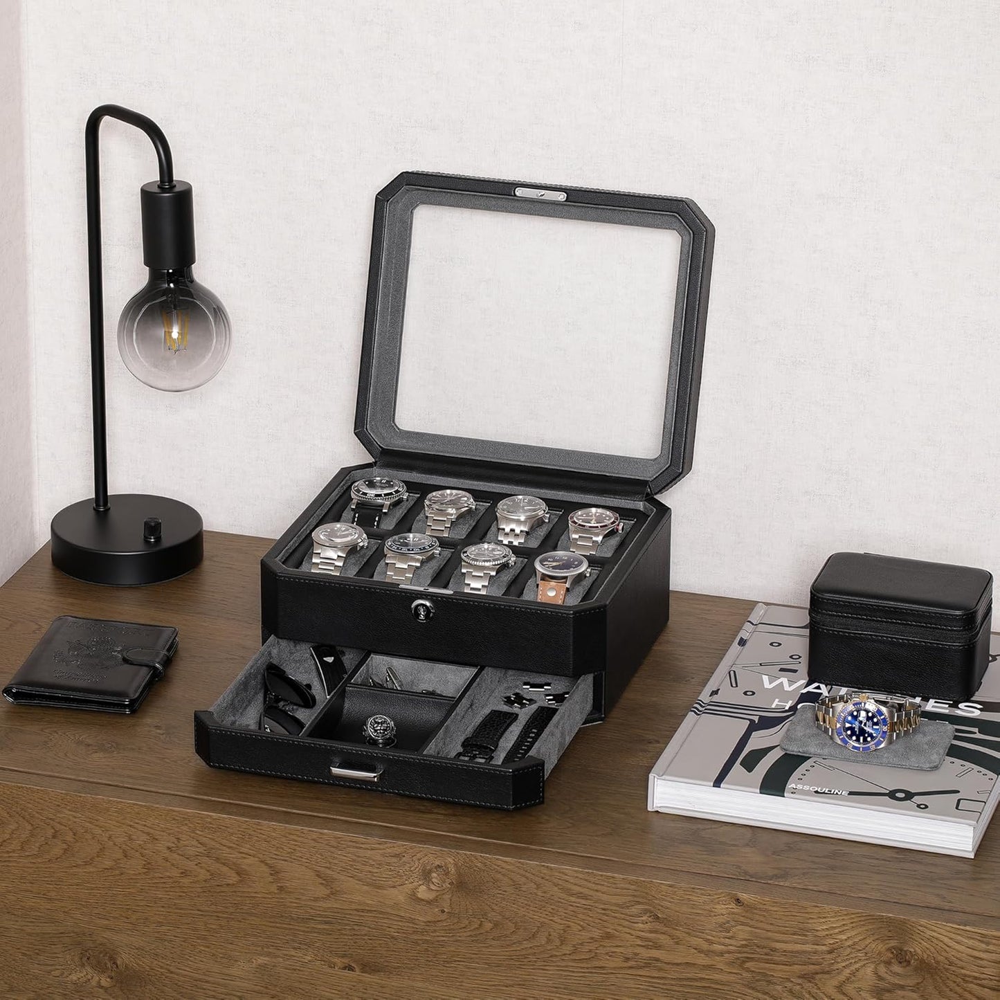 ROTHWELL 8 Slot Leather Watch Box with Valet Drawer - Luxury Case Display Jewelry Organizer, Locking Display Case Holder, Real Glass Top - Watch Box Organizer for Men & Women (Black/Grey)