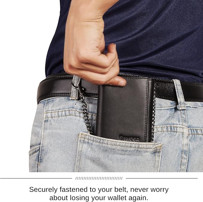 Mens Wallet with Chain, Genuine Leather Trifold Wallet RFID Blocking Anti-Theft Chain for Biker, Motorcycle(Black)