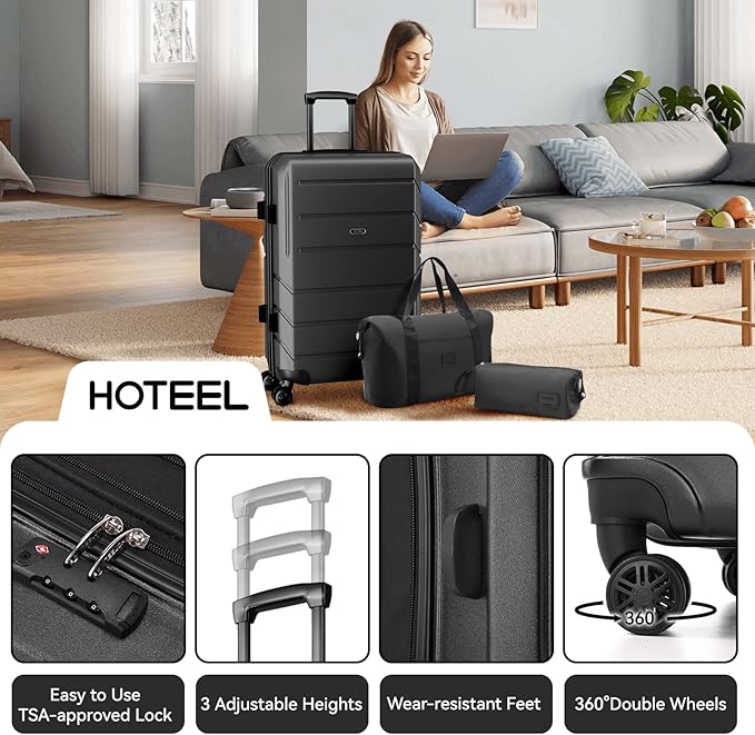 Hoteel Luggage Sets 3 Piece Expandable (4-YEARS WARRANTY) ABS+PC Hardshell Carry On Luggage Airline, Carry on Suitcase with Spinner Wheels & TSA Lock for Travel, Business, Black (20in/DB/TB)