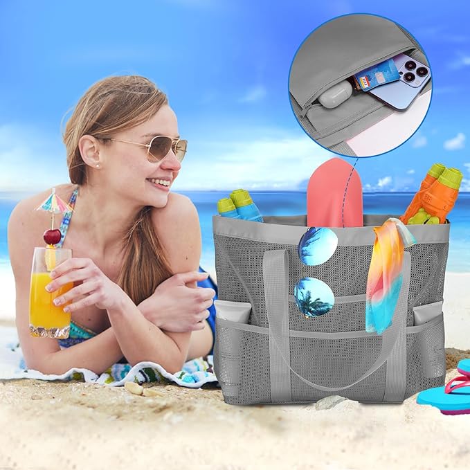 Large Mesh Beach Bag, Beach Tote Bags with 9 Pocket for Family