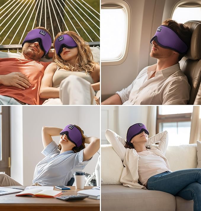 Ice Silk Sleep Mask with Headphones, Sleep Headphones for Side Sleeper with 3D Cups, Bluetooth 5.4 Sleeping Eye Mask, Total Blackout Sleeping Headphones for Women Men(Purple)