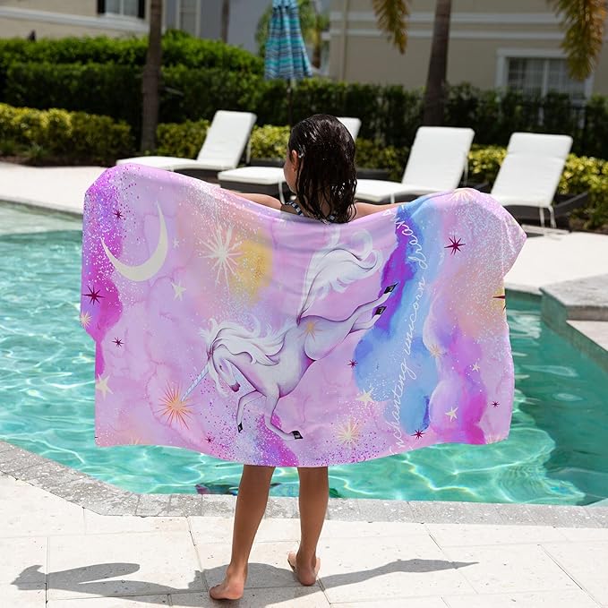 Kids Beach Towel – Quick-Dry Microfiber Pool Towel, Thin, Sand-Free, Perfect for Camping, Travel, Summer Camp, Cruise Essentials – Unicorn, Purple, 30" x 60"