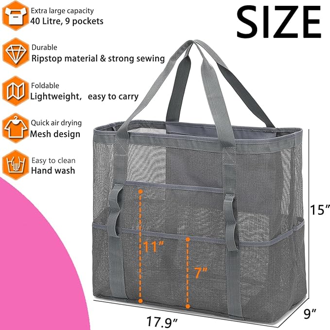 Mesh Beach Bag, Large Beach Tote with Zipper Pocket, Toys Pool Bag for Family Travel Vacation Cruise Essentials