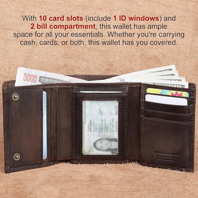 Trifold Chain Wallets for Men, Genuine Leather Wallet RFID Blocking Anti-Theft Chain for Biker, Motorcycle