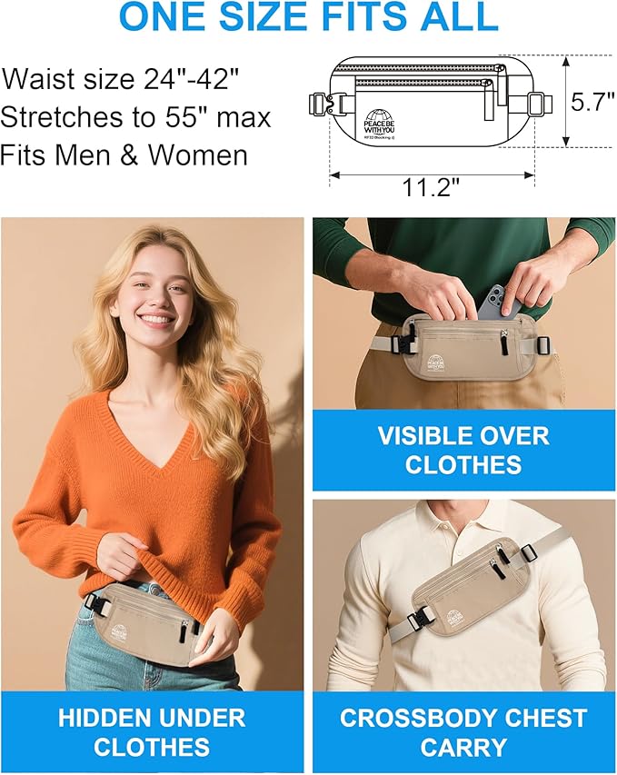 Hidden Money Belt for Travel, RFID Blocking, Sweat-Proof, Heavy-Duty Buckle, 3rd Gen Waist Wallet Anti Theft to Protect Cash, Credit Cards and Documents Under-Clothes for Men & Women, Beige