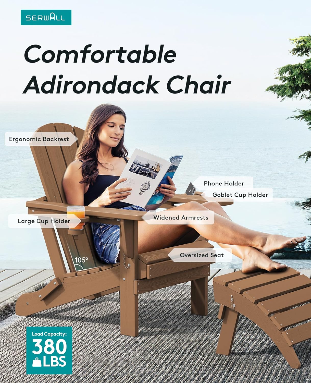 SERWALL Adirondack Chair with Cup Holders - Composite Adirondack Chairs Set of 4 HDPE Outdoor Chairs All Weather Use- Brown