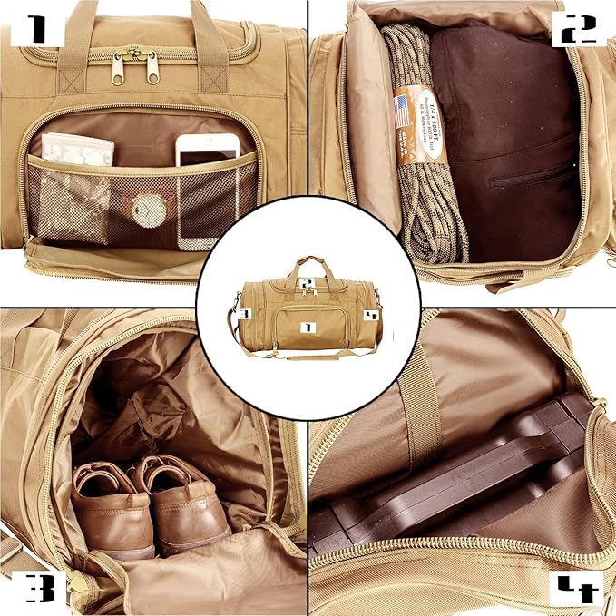 Small Duffel Bag Military Tactical Outdoor Gym Bag with Shoes Compartment for Sports Camping Hunting (TAN)