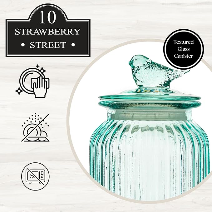 10 Strawberry Street Textured Glass Bird Canister, Ribbed Round, Blue, Set of 2