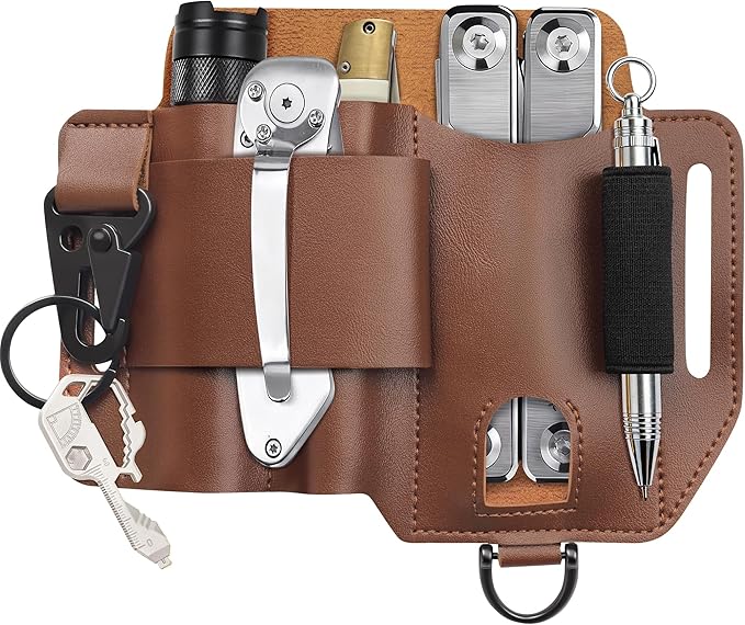 Genuine Leather EDC 5-Pocket Organizer Multitool Sheath for Leatherman Tool Pouch with Belt Clip,Small,Brown