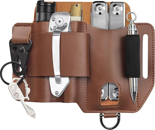 Genuine Leather EDC 5-Pocket Organizer Multitool Sheath for Leatherman Tool Pouch with Belt Clip,Small,Brown