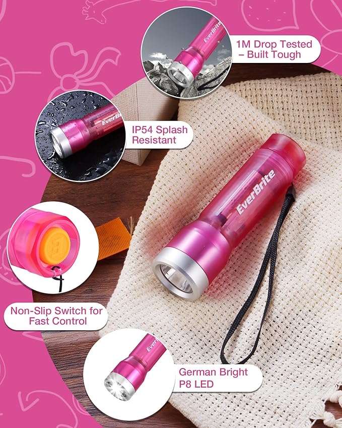 EverBrite Small Flashlight, Compact LED Flash Light with 3 Modes, 3 AAA Batteries Included, Water-Resistant Mini Flashlight for Home,Emergencies and Camping, Pink, 1 Pack
