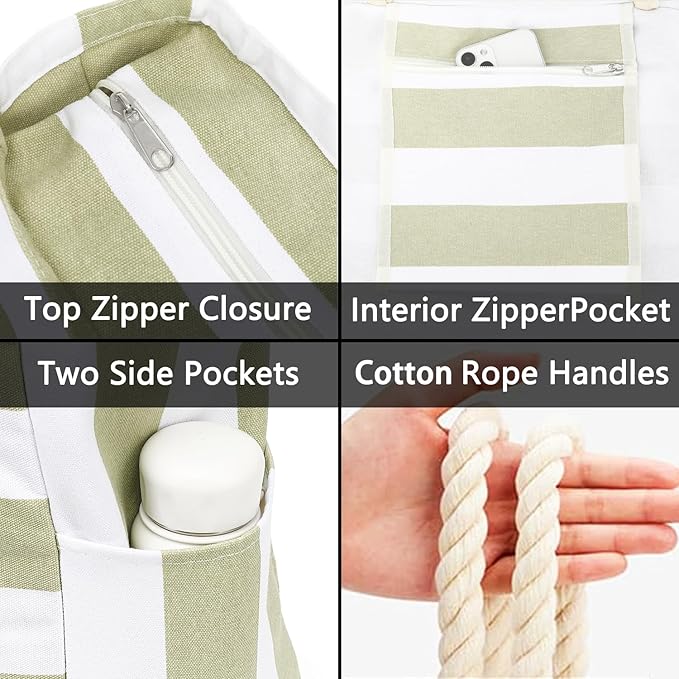 Large Canvas Beach Bag for Women, Beach Bags Waterproof Sandproof with Zipper & Wet Bag Cruise Essentials