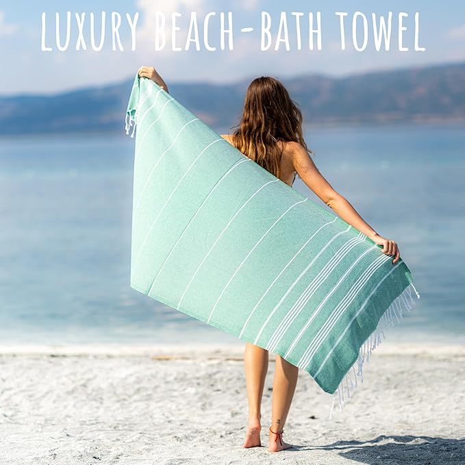 Ray Silver Turkish Beach Towel – 100% Cotton 40x71 Quick Dry Oversized Sand Free Lightweight Blanket for Travel Camping Bath Sauna Pool Gym Yoga (1pc - S-Benetton Green)