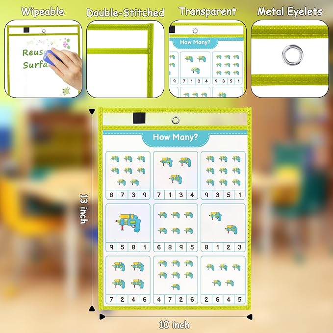 Ndsox 15 Packs Oversized Dry Erase Pockets Reusable Plastic Sleeves, 5 Colors Shop Ticket Holders & Sheet Protectors Document Sleeves for Teachers, Classroom Organization, School Supplies Must Have