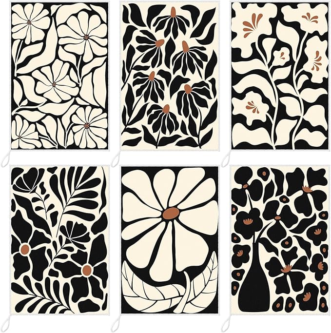Breling Boho Kitchen Towels Set of 6 Boho Floral Dish Towels Cute Tea Towel Decorative Hand Towel Vintage Rustic Cloths for Kitchen Drying Housewarming Gifts Home, 14 x 21 inch (Black)