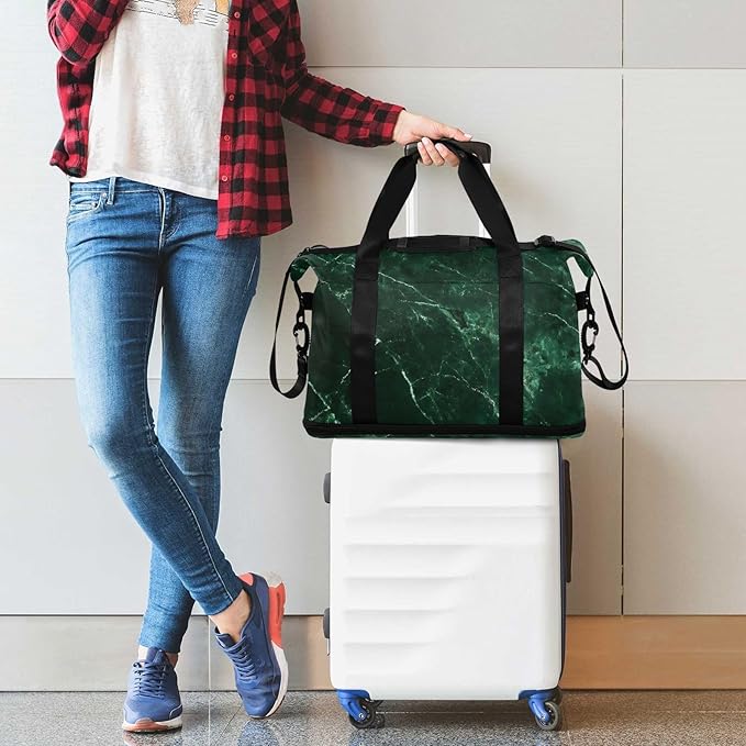 Travel Duffel Bags for Women Emerald Green Marble Print Sports Duffel Bags Gym Bags with Shoes Compartment Tote Bag Weekender Bag for Travelling