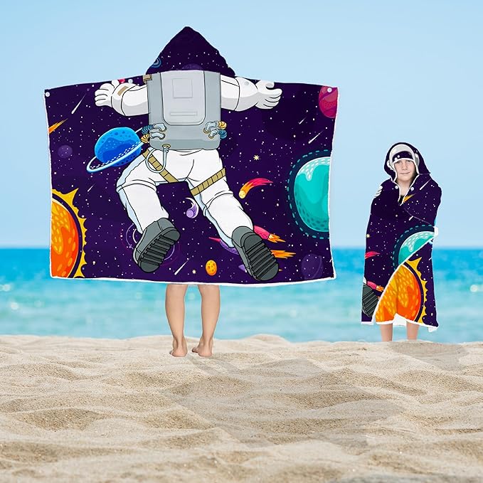 Spaceman Hooded Beach Towel for Boys, Soft & Absorbent Universe Spaceman Poncho Towel, 30”x50” Cool Cartoon Spaceman Bathrobe for Kids, Quick Dry Swim, Pool, and Bath Time