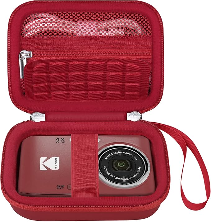 Elonbo Camera Carrying Case for KODAK PIXPRO FZ55 / FZ53 / FZ45 / FZ43 16MP Digital Camera, Vlogging Camera Storage Holder Travel Bag, Mesh Bag Fits Batteries, Cable, Memory Card, Red