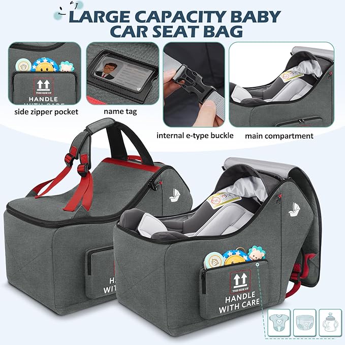 RAINSMORE Infant Car Seat Travel Bag for Airplane Compatible with All Nuna Pipa Car Seat and Base Chicco KeyFit 30 and Base Padded Car Seat Backpack for Travel Carseat Gate Check Bag with Side Pocket