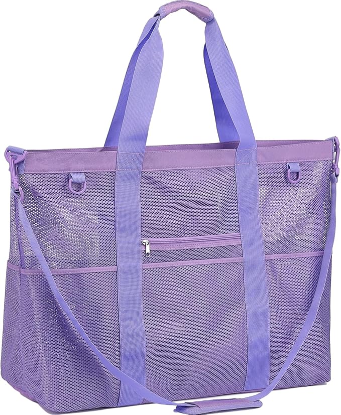 Mesh Beach Bag, Large Beach Tote with Zipper Pocket, Toys Pool Bag for Family Travel Vacation Cruise Essentials