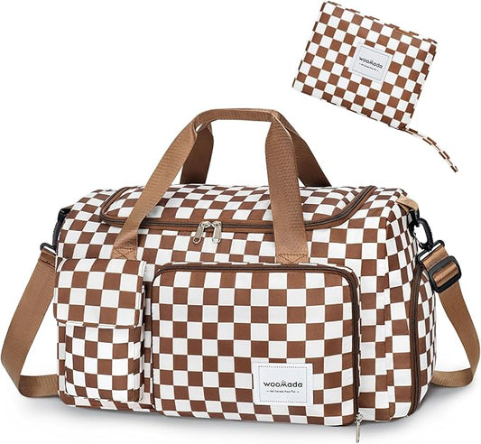 WOOMADA Foldable Travel Duffel Bag for Women, Weekender Bags with Shoes Compartment,Overnight Bag with Wet Pocket & Trolley Sleeve(brown checkerboard)