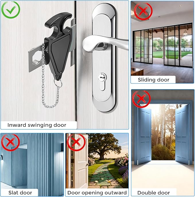 Portable Door Lock, Travel Door Lock for Hotel, Apartment, Dorm & Home – Extra Security Door Stoppers, Hotel Safety Devices for Travel Privacy Protection 2PK Black