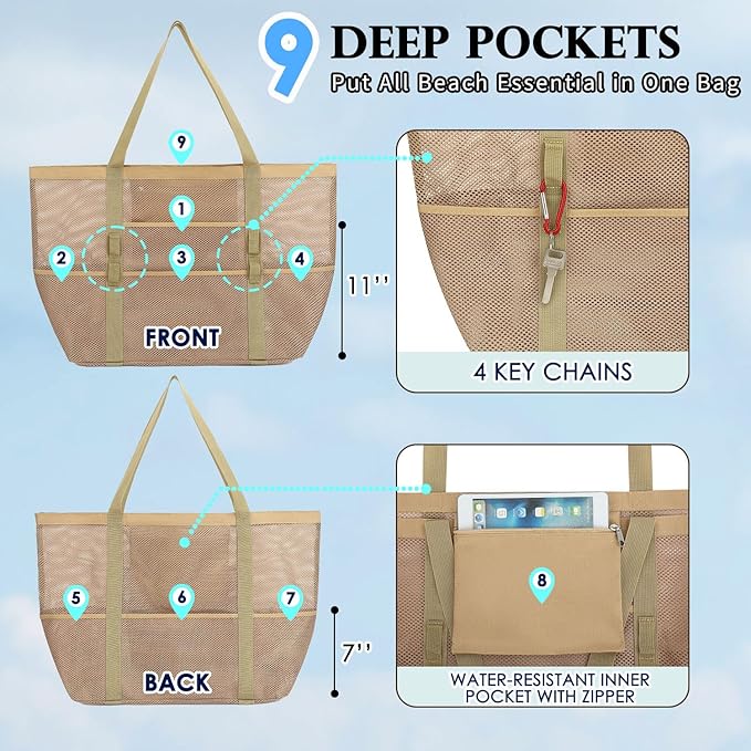 Mesh Beach Bag, Large Beach Tote with Zipper Pocket, Toys Pool Bag for Family Travel Vacation Cruise Essentials