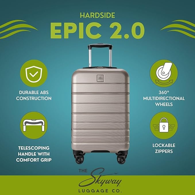 Skyway Epic 2.0 Hardside Lightweight and Durable ABS Shell Luggage, Spacious with 8-Wheel Spinners, Comfort Grip with Telescoping Handle, Men and Women, Bone, 2-Piece Set (20,28)