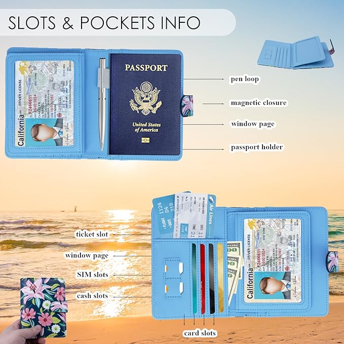 Passport Holder For Travel, RFID Blocking Passport Wallet, Passport Cover Secure & Front Pocket Money Holder For Men & Women, Travel Wallet, Lily With Daisy, Advanced Version