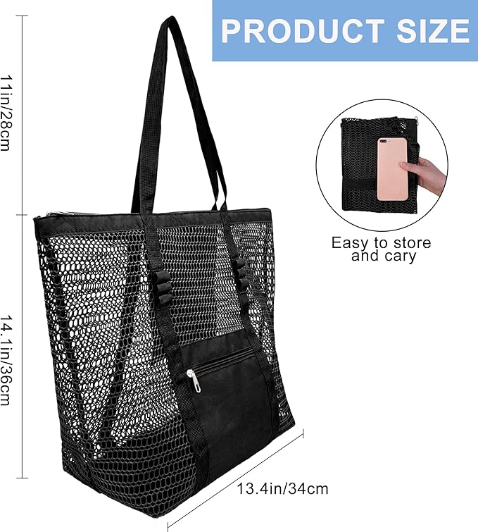 Mesh Beach Bags for Women with Zipper Foldable Hobo Tote Bag Vacation Shoulder Bags for Swimming Pools