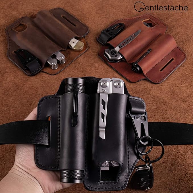 Gentlestache Leather Sheath for Leatherman Multitool - EDC Pocket Organizer with Key Holder and Flashlight Sheath - Black