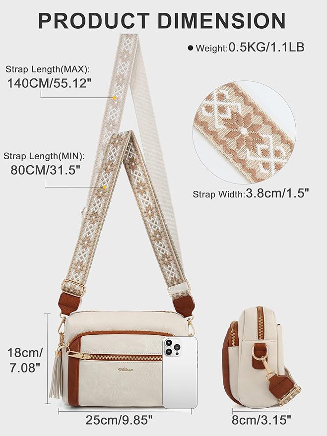Small Leather Crossbody Bags for Women Anti theft Purses and Handbag Shoulder Hangbag with Wide Strap Tassel