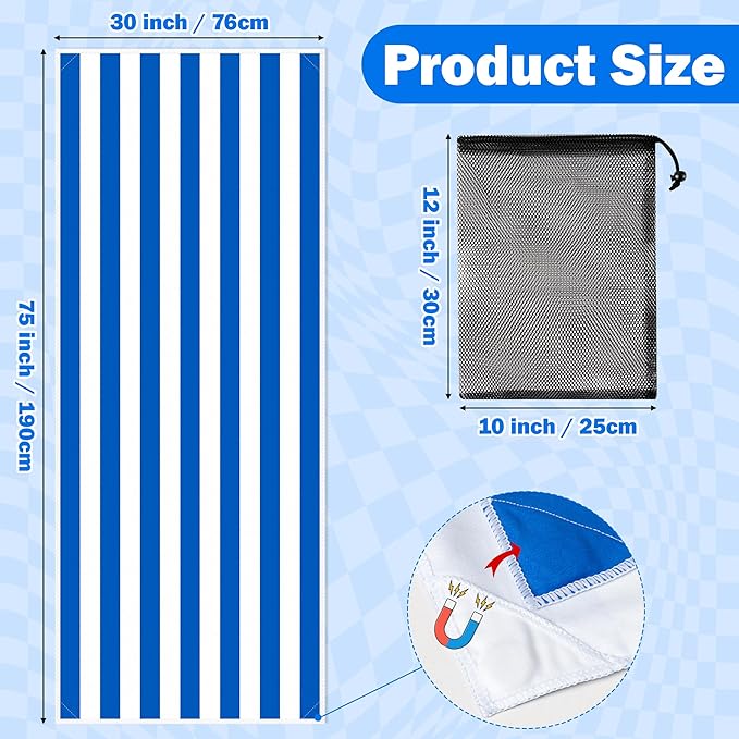 Blue Stripes Magnetic Beach Towel - 75"x30" Sand Free Quick Dry Microfiber Towel with Built-in Magnets Lightweight for Beach Chair Car Door Pool Travel Camping Yoga with Storage Bag