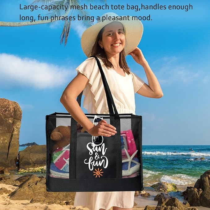 Reusable Large Beach Bags With 2 Pockets & Zipper, Lightweight Beach Tote for Poolside, Trip/swim