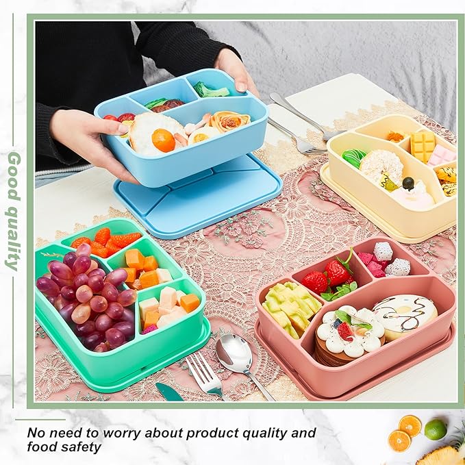 4 Pcs Silicone Bento Box Reusable Lunch Container Smooth Leak Proof Lunch Box Rectangle Bento Boxes for Adult Work Travel Food Meal Compartment Storage, 4 Colors (Bright Colors)