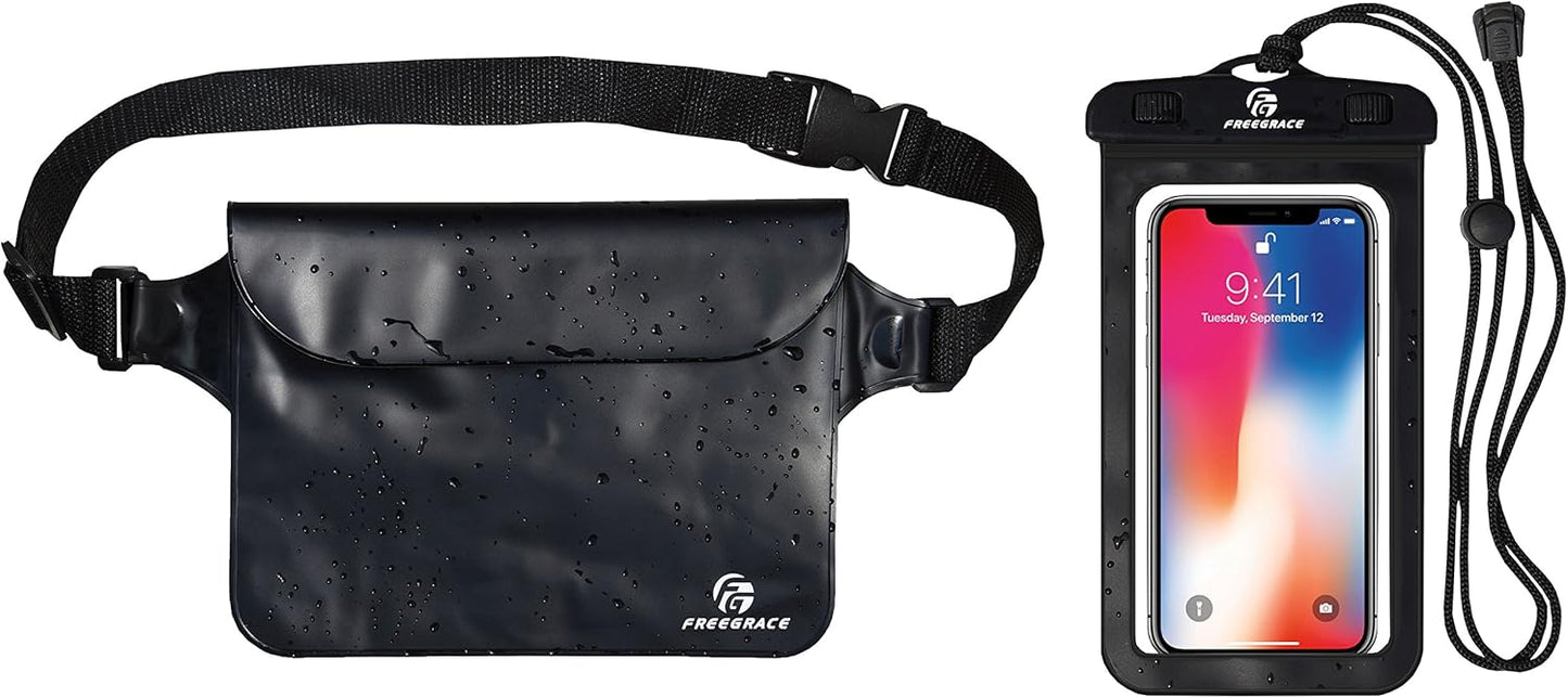 Freegrace Waterproof Pouches with Waist Strap / Pouch Case Bundle Set- Keep Your Phone & Valuables Dry and Safe - Waterproof Dry Bags for Boating Swimming Snorkeling Kayaking Beach Water Parks Pool
