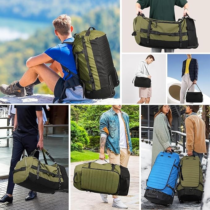 Rolling Duffle Bag with Wheels,86L 30”Folding Duffle Backpack with 2 Wheels,Travel Bag with Separate Shoe Compartment (Green)