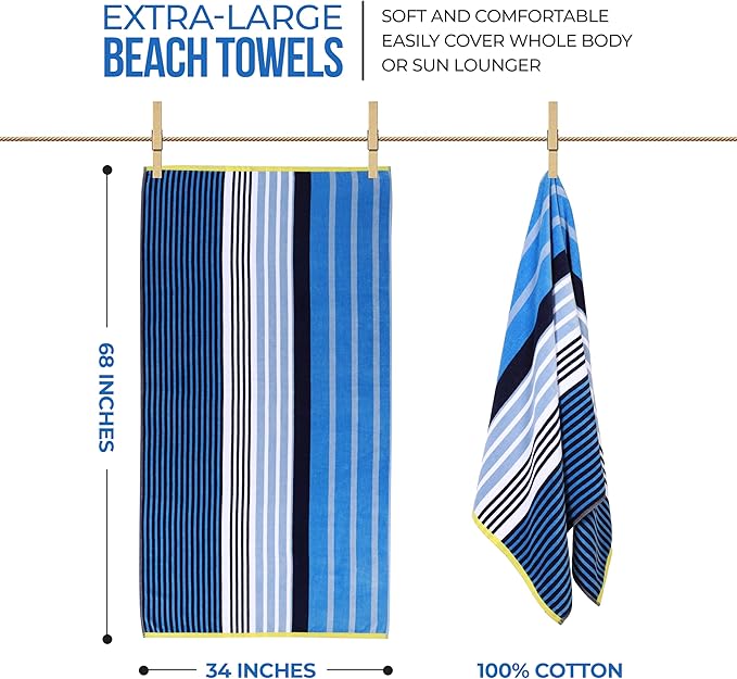 Superior Cotton Beach Towel, Absorbent Oversized Towel for Swimming Pool, Camping, Bathroom, Shower, Large, Quick Drying, Adults, Kids, Colorful, Mira Striped Collection, 68" x 34", Blue-Navy