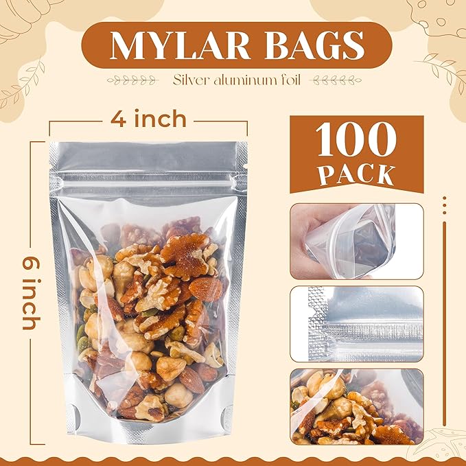 100 PACK 4x6 Mylar Bags for Food Storage Resealable Stand Up Bags for Small Business Packaging Supplies Clear Foil Food Storage Packaging Bag