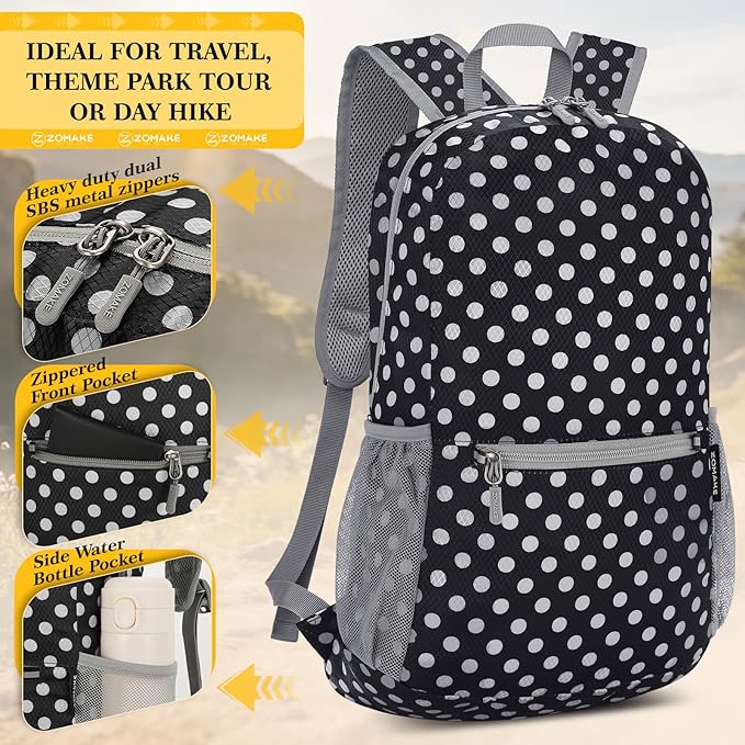 ZOMAKE Ultra Lightweight Hiking Backpack 20L, Packable Small Backpacks Water Resistant Daypack for Women Men(Black，White polka dots)