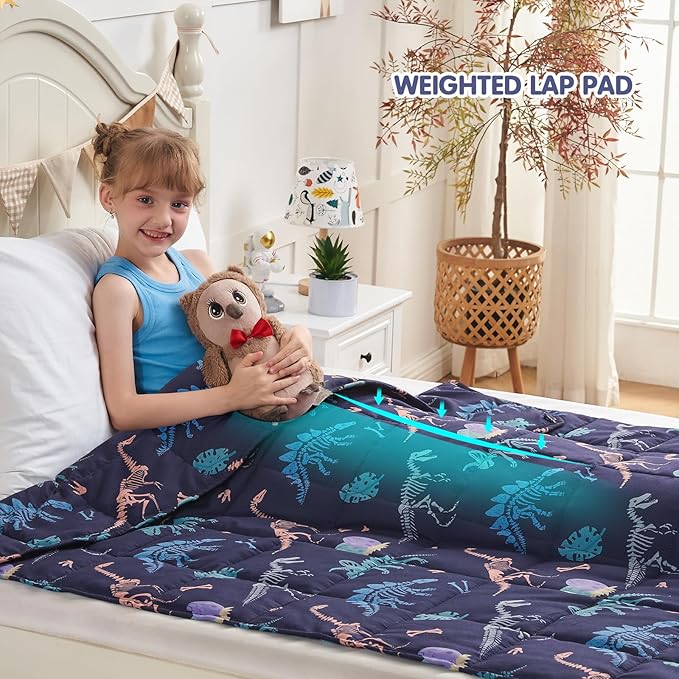 yescool Dinosaur Weighted Blanket 7 Pounds Cooling Weighted Lap Blanket, Navy Heavy Blankets for Sleeping, Weighted Throw Blankets Gifts for 60-80lbs, 40"x60"