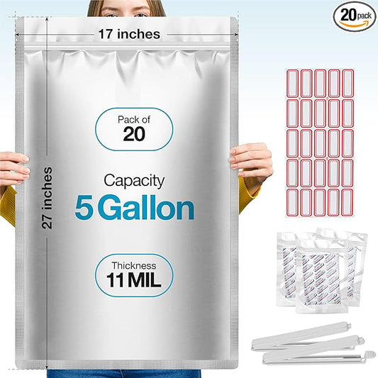 20 Pcs 5 Gallon Mylar Bags With Oxygen Absorbers - 11 Mil Thick - With Sticker Labels and Closure Clip - Smell Proof, Zipper Closure Heat Resealable Large Mylar Bags For Food Storage