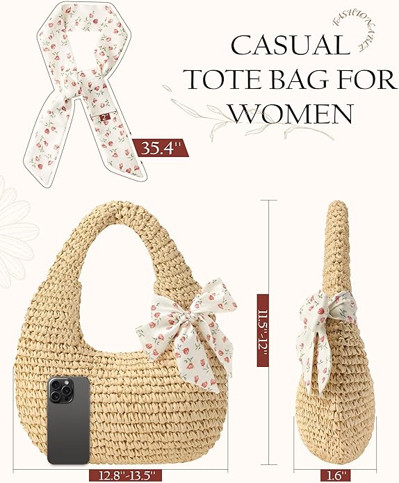Beach Bags for Women - Handmade Straw Clutch Purses for Women Handbag Zip Closure Tote Bag Lightweight