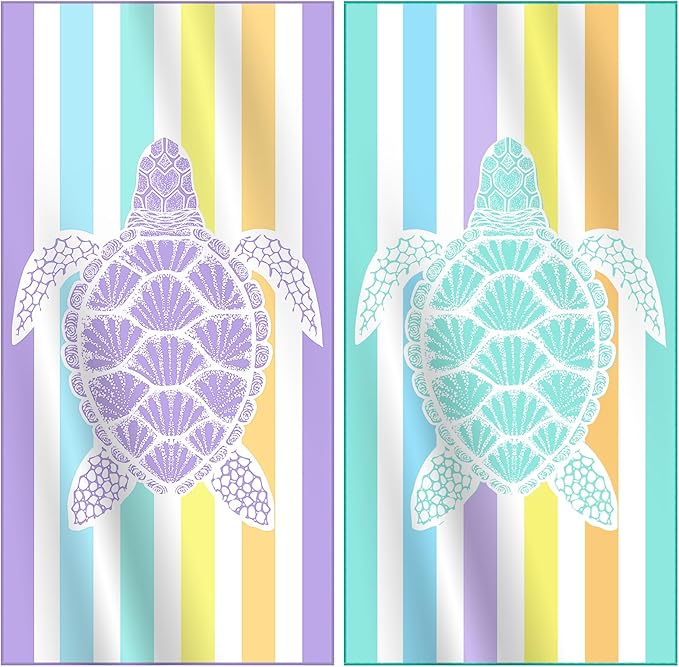 2 Packs Lightweight Thin Microfiber Beach Towel Oversized Quick Dry Compact Sandproof Clearance Towels Sand Free Camping Swimming Easy Pack Travel Accessories Essentials Women Turtle Purple Green