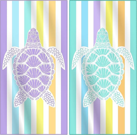 2 Packs Lightweight Thin Microfiber Beach Towel Oversized Quick Dry Compact Sandproof Clearance Towels Sand Free Camping Swimming Easy Pack Travel Accessories Essentials Women Turtle Purple Green
