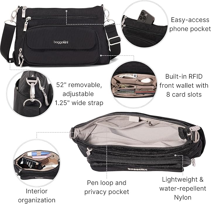 Baggallini Original Everyday 11x7.5 Crossbody Bags Rfid Protected Lightweight Nylon Zippered Travel Purse