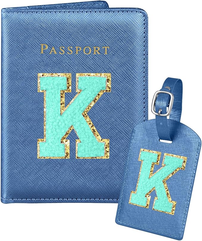 Slohif Passport Holder Initial Lugguage Tag Set Suitcase Cover Wallet Case for Travel Women - Leather Letter Passport Book Personalized Organizer Card Protector Sleeve Essentials Slim Carrier Blue K