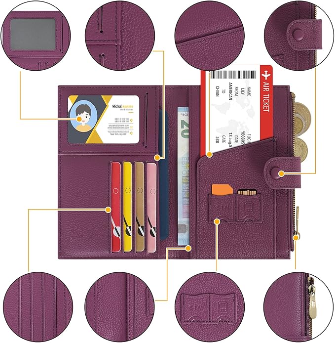 WASON Leather Passport Cover Travel Wallet RFID Blocking – Passport Holder Slot with Zipper Pocket for lD, Boarding Pass,Ticket, Cash, SD Card, Travel Essentials for Men and Women (Purple)