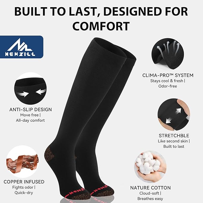 NEWZILL Copper Compression Socks for Women & Men 15-20mmHg Cotton Rich Odor Control Dress Socks for Business Casual Running Medical Athletic Support, Edema Diabetic Relief