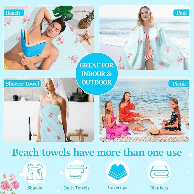 Blue Rose Oversized Beach Towel - Double-Sided Thin Microfiber Lightweight Pool Towel 71"x 35", Quick Dry Sand Free Blanket for Summer Beach Swimming Bath Sport Travel Camping for Women Girls